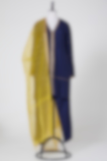Navy Blue & Yellow Viscose Zari Embroidered Kurta Set by NITIKA GUJRAL