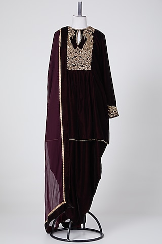 Maroon Polyester Zardosi Embroidered Kurta Set by NITIKA GUJRAL
