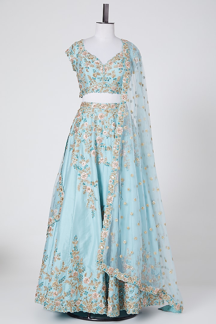 Powder Blue Polyester Floral Embroidered Lehenga Set by NITIKA GUJRAL