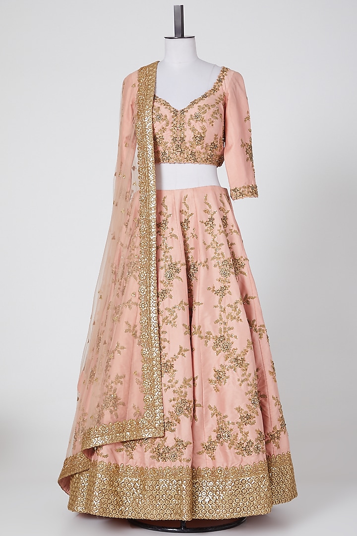 Peach Polyester Antique Embroidered Lehenga Set by NITIKA GUJRAL