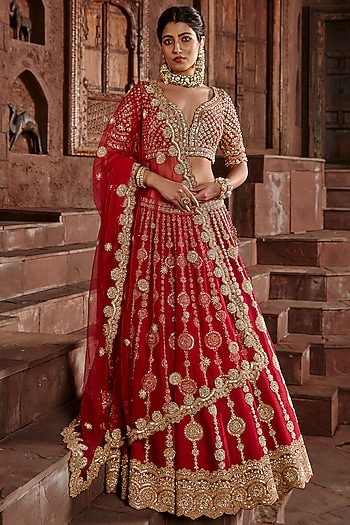 Burnt Red Raw Silk Zardosi Embroidered Bridal Bridal Lehenga Set by NITIKA GUJRAL at Pernia's Pop Up Shop