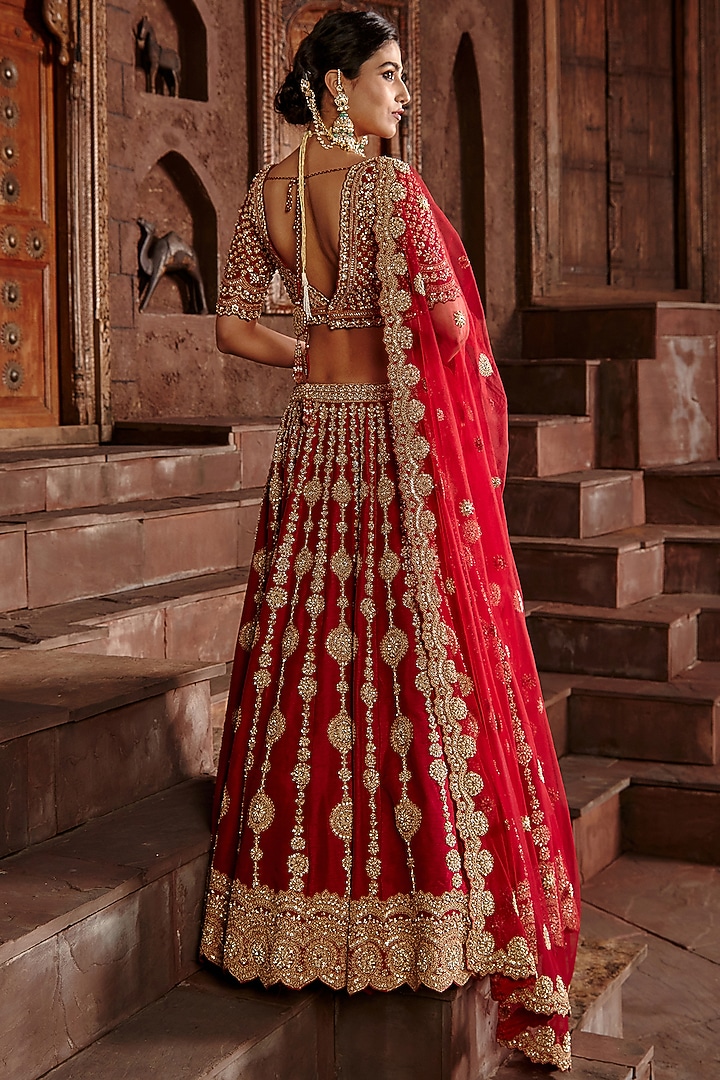 Burnt Red Raw Silk Zardosi Embroidered Bridal Bridal Lehenga Set by NITIKA GUJRAL at Pernia's Pop Up Shop