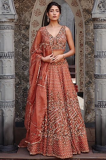 Copper Rust Organza Bead Bridal Embroidered Bridal Lehenga Set by NITIKA GUJRAL at Pernia's Pop Up Shop
