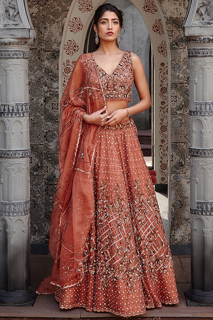 Copper Rust Organza Bead Bridal Embroidered Lehenga Set by NITIKA GUJRAL