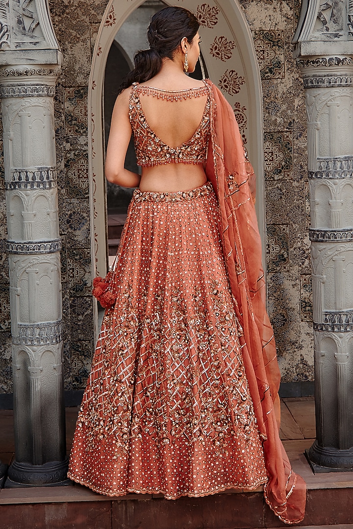 Copper Rust Organza Bead Bridal Embroidered Bridal Lehenga Set by NITIKA GUJRAL at Pernia's Pop Up Shop