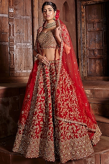 Deep Scarlet Red Raw Silk Zari Embellished Bridal Bridal Lehenga Set by NITIKA GUJRAL at Pernia's Pop Up Shop