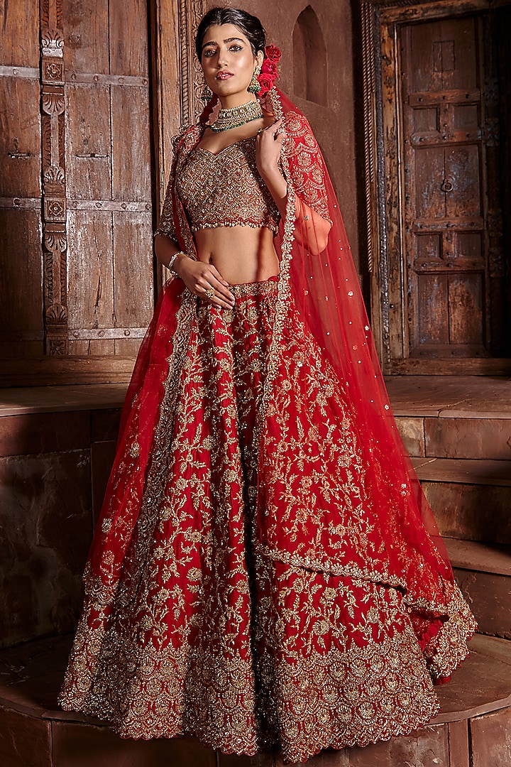 Deep Red Embroidered Lehenga Set by NITIKA GUJRAL