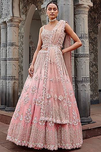 Rose Pink Ombre Dyed Organza Sequins Embroidered Bridal Lehenga Set by NITIKA GUJRAL at Pernia's Pop Up Shop