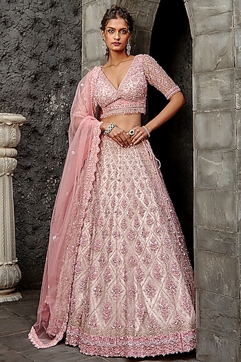 Cream & Blush Pink Tulle Resham Embroidered Bridal Lehenga Set by NITIKA GUJRAL at Pernia's Pop Up Shop