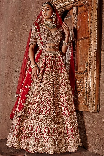 Burnt Red Raw Silk Dabka Embroidered Bridal Lehenga Set by NITIKA GUJRAL at Pernia's Pop Up Shop