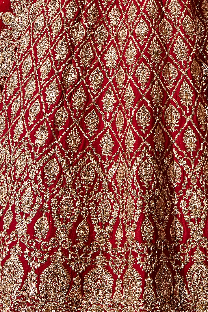 Burnt Red Raw Silk Dabka Embroidered Bridal Lehenga Set by NITIKA GUJRAL at Pernia's Pop Up Shop