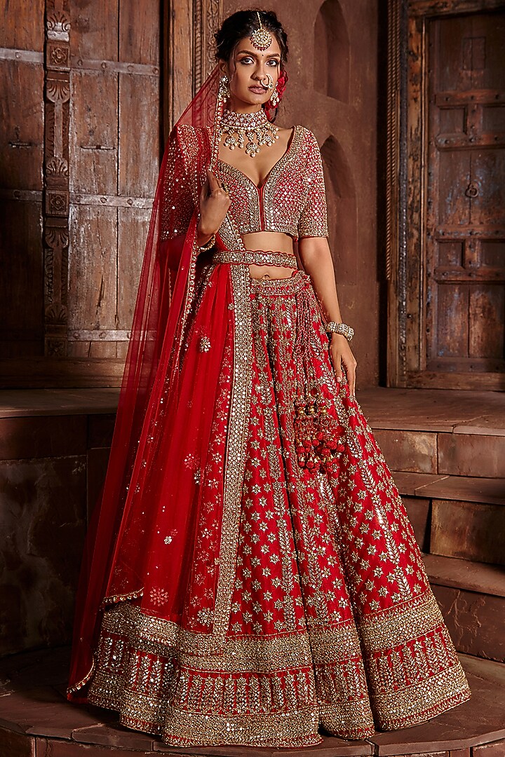 Crimson Red Raw Silk Dabka Embroidered Bridal Lehenga Set by NITIKA GUJRAL at Pernia's Pop Up Shop
