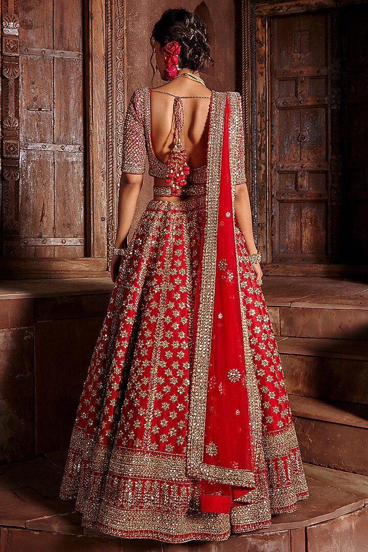 Crimson Red Raw Silk Dabka Embroidered Bridal Lehenga Set by NITIKA GUJRAL at Pernia's Pop Up Shop