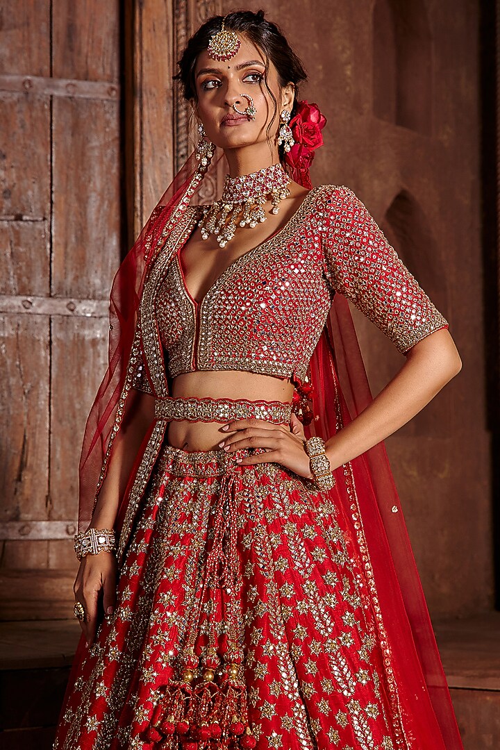 Crimson Red Raw Silk Dabka Embroidered Bridal Lehenga Set by NITIKA GUJRAL at Pernia's Pop Up Shop