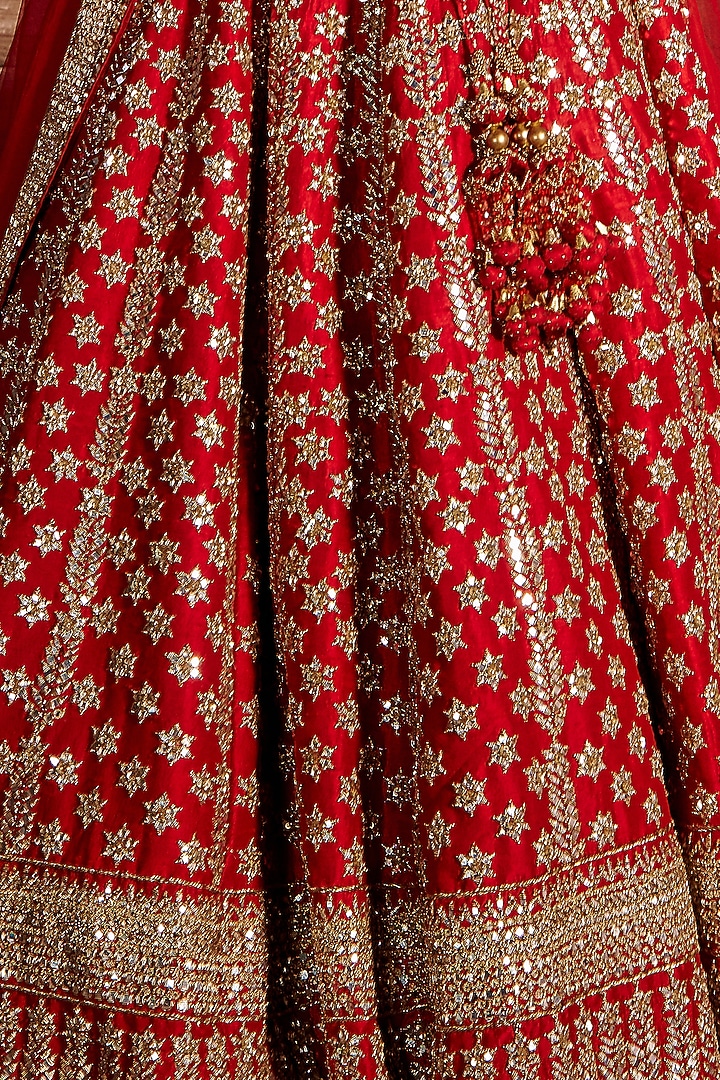 Crimson Red Raw Silk Dabka Embroidered Bridal Lehenga Set by NITIKA GUJRAL at Pernia's Pop Up Shop