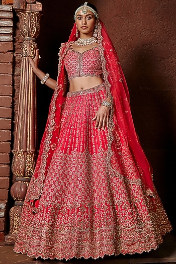 Fuchsia Red Raw Silk Zari Embroidered Bridal Lehenga Set by NITIKA GUJRAL at Pernia's Pop Up Shop
