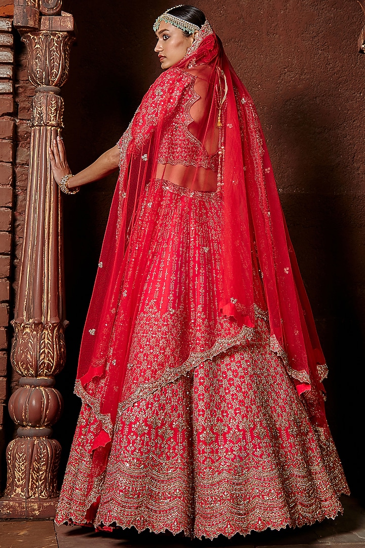 Fuchsia Red Raw Silk Zari Embroidered Bridal Lehenga Set by NITIKA GUJRAL at Pernia's Pop Up Shop