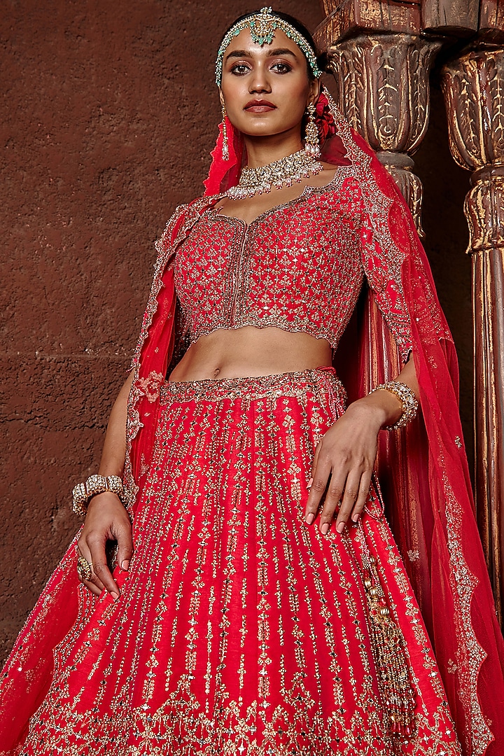 Fuchsia Red Raw Silk Zari Embroidered Bridal Lehenga Set by NITIKA GUJRAL at Pernia's Pop Up Shop