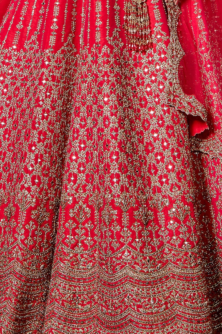 Fuchsia Red Raw Silk Zari Embroidered Bridal Lehenga Set by NITIKA GUJRAL at Pernia's Pop Up Shop
