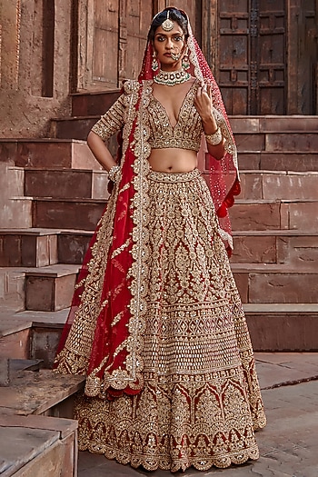 Blood Red Velvet Gota Embroidered Bridal Lehenga Set by NITIKA GUJRAL at Pernia's Pop Up Shop