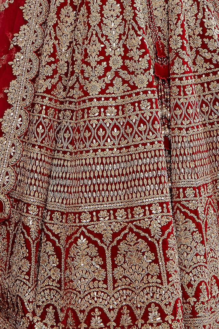 Blood Red Velvet Gota Embroidered Bridal Lehenga Set by NITIKA GUJRAL at Pernia's Pop Up Shop