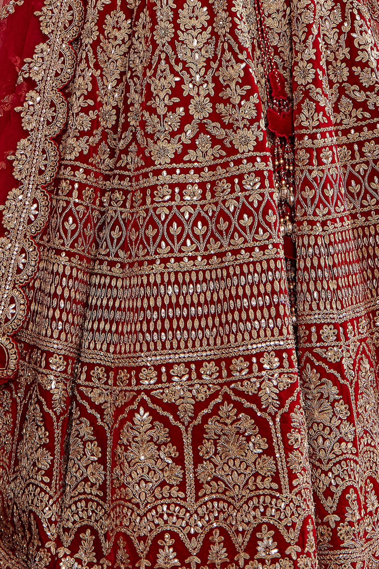 Blood Red Raw Silk Bridal Lehenga Choli Set with Tulle Dupatta