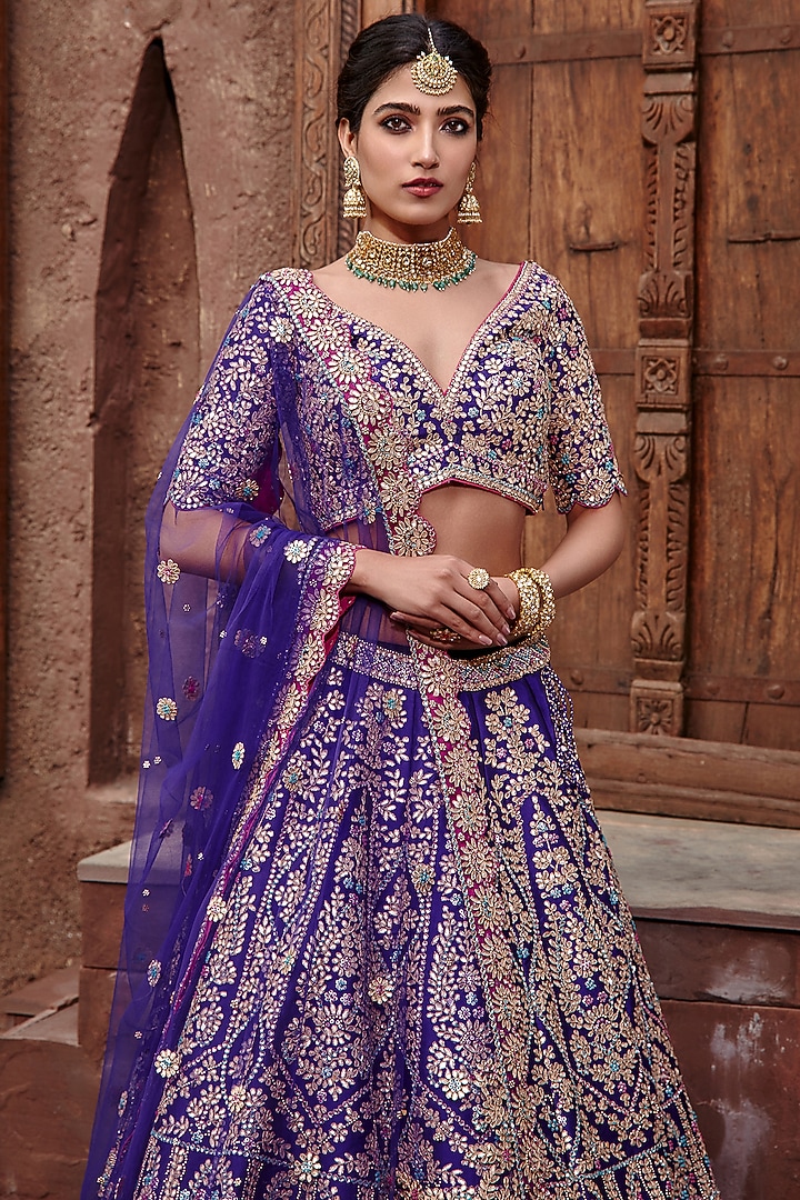 Purple Tafetta Gota Patti Embroidered Bridal Lehenga Set by NITIKA GUJRAL at Pernia's Pop Up Shop