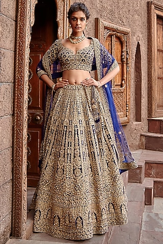 Navy Blue Raw Silk Gota Embroidered Lehenga Set by NITIKA GUJRAL