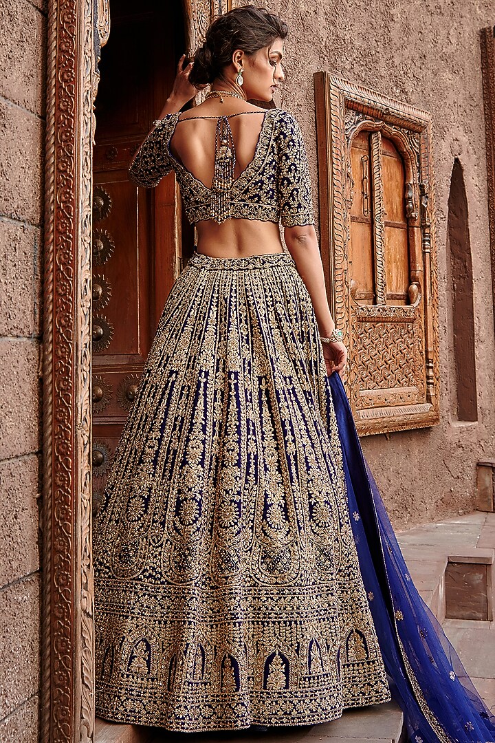 Navy Blue Raw Silk Gota Embroidered Bridal Lehenga Set by NITIKA GUJRAL at Pernia's Pop Up Shop