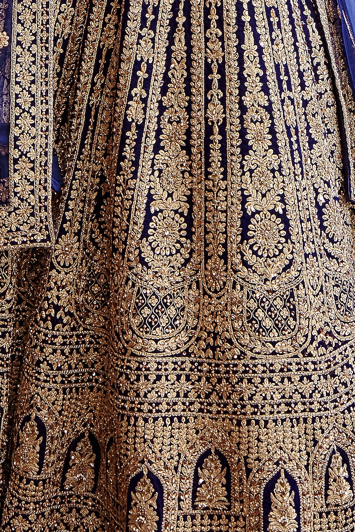 Navy Blue Raw Silk Gota Embroidered Bridal Lehenga Set by NITIKA GUJRAL at Pernia's Pop Up Shop