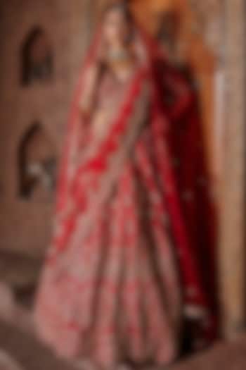 Cardinal Red Raw Silk Zari Embroidered Bridal Lehenga Set by NITIKA GUJRAL at Pernia's Pop Up Shop