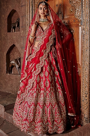 Cardinal Red Raw Silk Zari Embroidered Bridal Lehenga Set by NITIKA GUJRAL at Pernia's Pop Up Shop