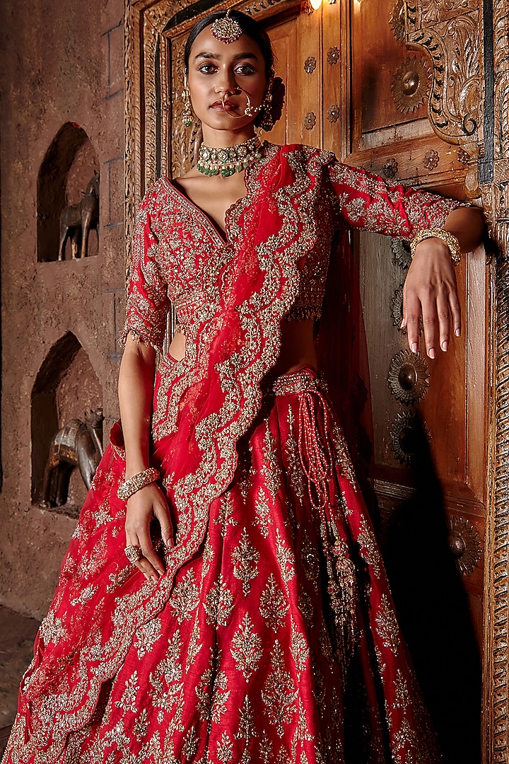 Cardinal Red Raw Silk Zari Embroidered Lehenga Set Design By Nitika Gujral At Pernias Pop Up 7637