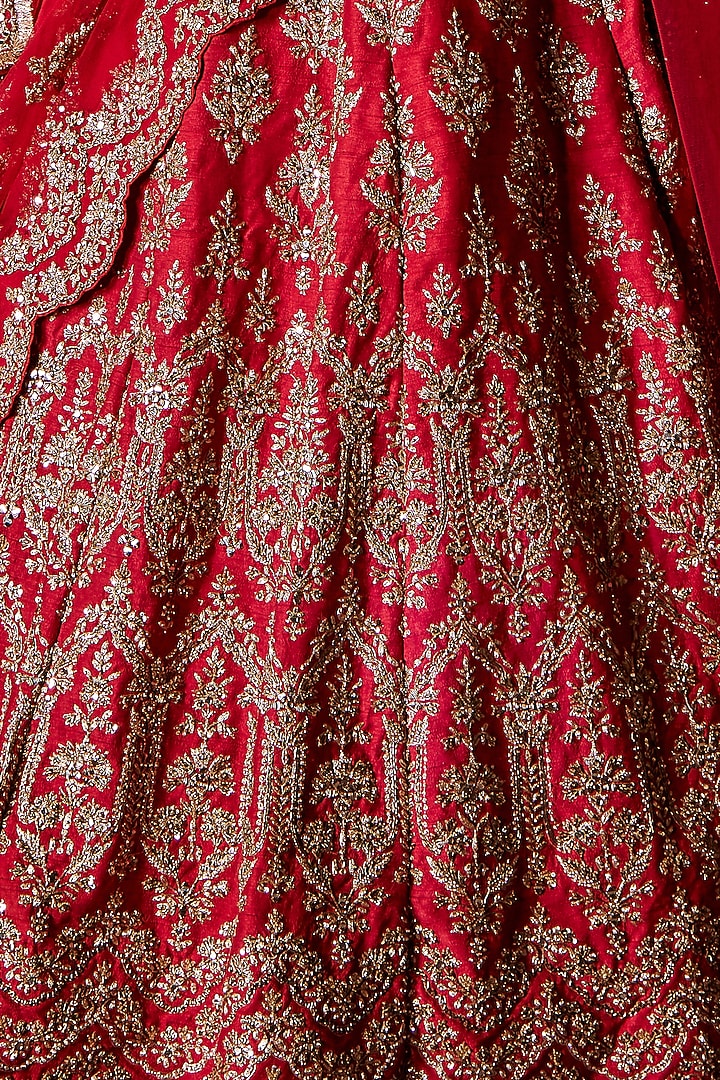 Cardinal Red Raw Silk Zari Embroidered Bridal Lehenga Set by NITIKA GUJRAL at Pernia's Pop Up Shop