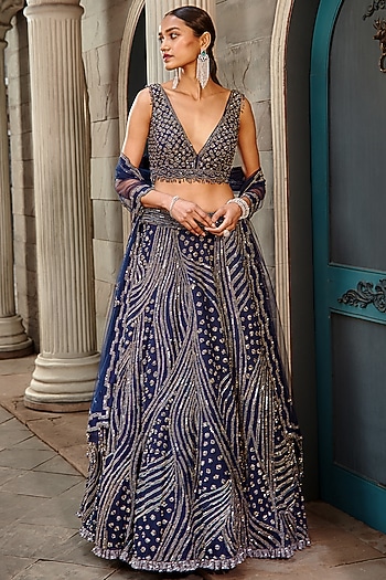 Navy Blue Tulle Sequins Embroidered Bridal Lehenga Set by NITIKA GUJRAL at Pernia's Pop Up Shop