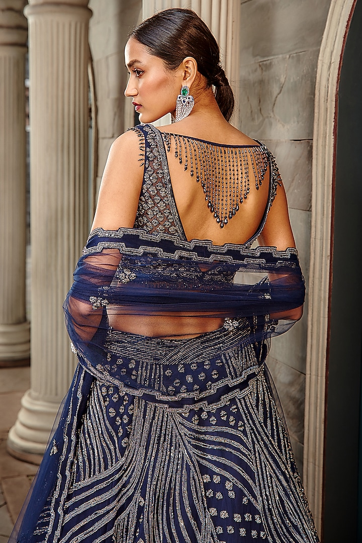 Navy Blue Tulle Sequins Embroidered Bridal Lehenga Set by NITIKA GUJRAL at Pernia's Pop Up Shop