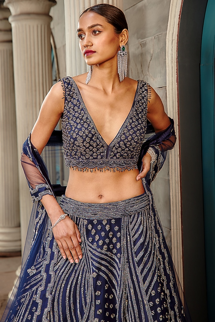 Navy Blue Tulle Sequins Embroidered Bridal Lehenga Set by NITIKA GUJRAL at Pernia's Pop Up Shop