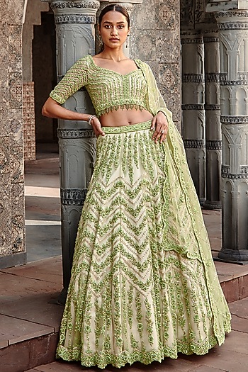 Ivory & Lime Tulle Gota Embroidered Bridal Lehenga Set by NITIKA GUJRAL at Pernia's Pop Up Shop