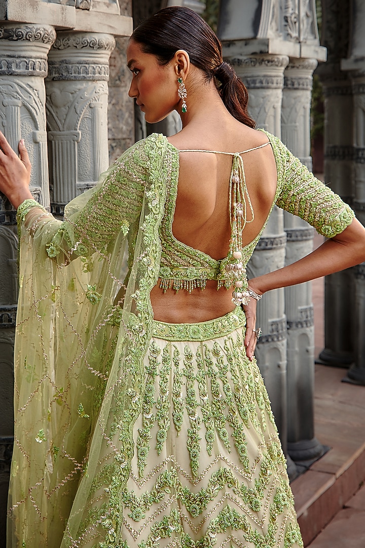 Ivory & Lime Tulle Gota Embroidered Bridal Lehenga Set by NITIKA GUJRAL at Pernia's Pop Up Shop
