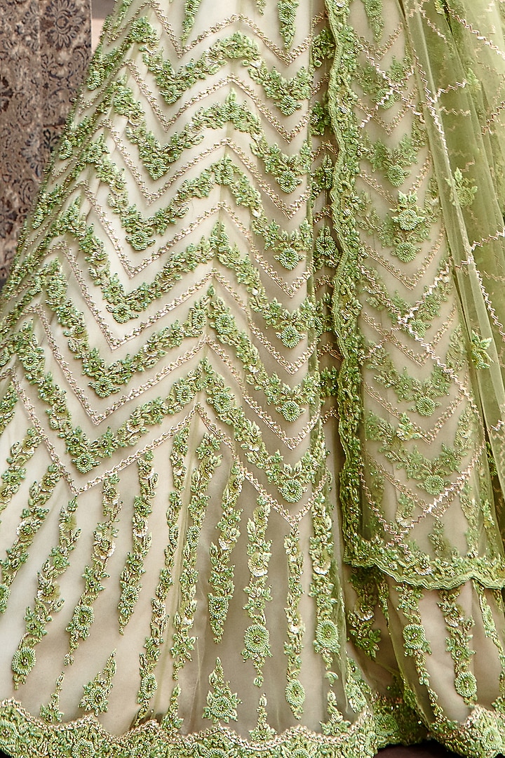 Ivory & Lime Tulle Gota Embroidered Bridal Lehenga Set by NITIKA GUJRAL at Pernia's Pop Up Shop
