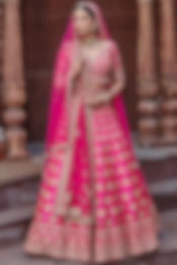 Fuchsia Pink Raw Silk Zari Embroidered Bridal Lehenga Set by NITIKA GUJRAL at Pernia's Pop Up Shop
