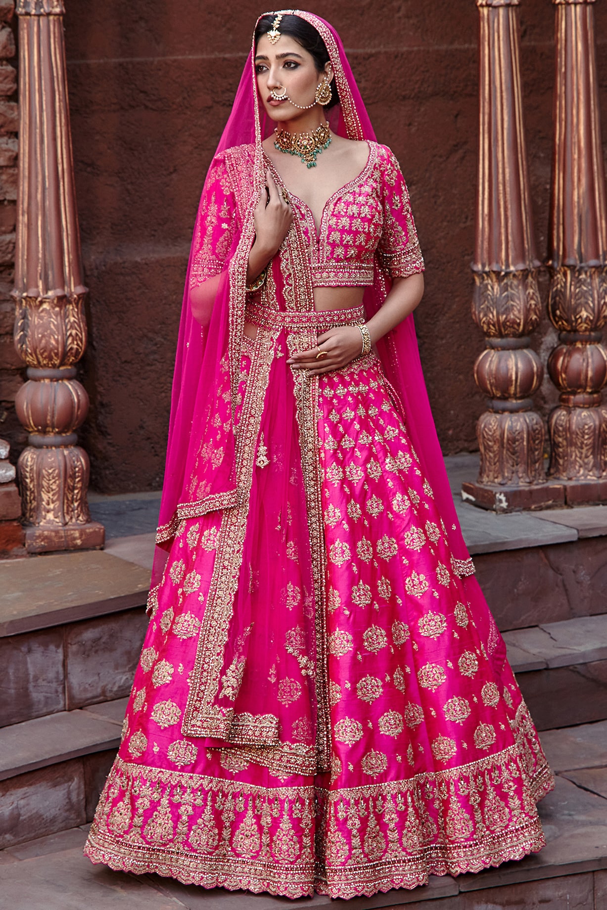 Fuchsia Pink Raw Silk Zari Embroidered Bridal Lehenga Set by