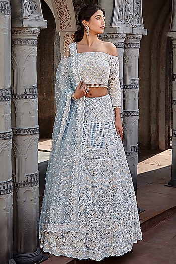 Powder Blue Net Crystal Embroidered Bridal Lehenga Set by NITIKA GUJRAL at Pernia's Pop Up Shop