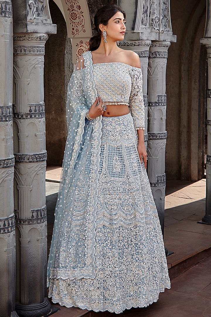 Powder Blue Net Crystal Embroidered Bridal Lehenga Set by NITIKA GUJRAL at Pernia's Pop Up Shop
