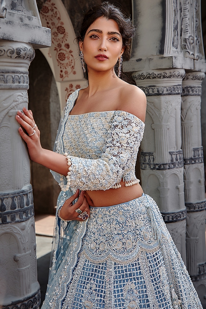 Powder Blue Net Crystal Embroidered Bridal Lehenga Set by NITIKA GUJRAL at Pernia's Pop Up Shop