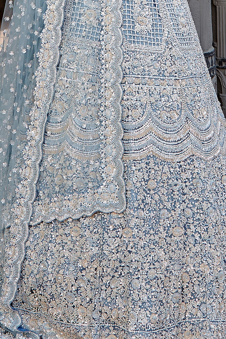Powder Blue Net Crystal Embroidered Bridal Lehenga Set by NITIKA GUJRAL at Pernia's Pop Up Shop