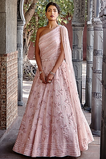 Blush Pink Organza Sequins Embroidered One-Shoulder Bridal Gown by NITIKA GUJRAL at Pernia's Pop Up Shop