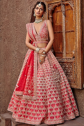Coral Raw Silk Gota Embroidered Bridal Lehenga Set by NITIKA GUJRAL at Pernia's Pop Up Shop