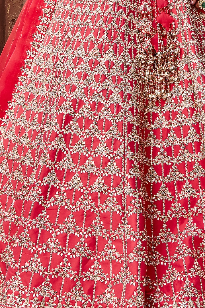 Coral Raw Silk Gota Embroidered Bridal Lehenga Set by NITIKA GUJRAL at Pernia's Pop Up Shop