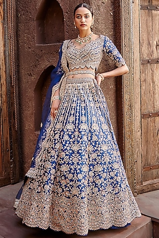 Midnight Blue Taffeta Gota Embroidered Lehenga Set by NITIKA GUJRAL